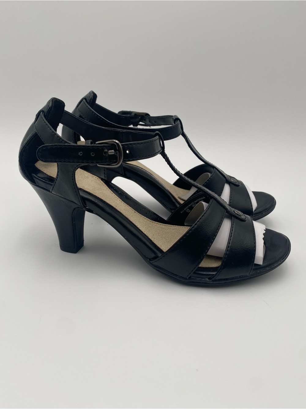 Black T-Strap Mid Heel Sandals with Ankle Buckle
